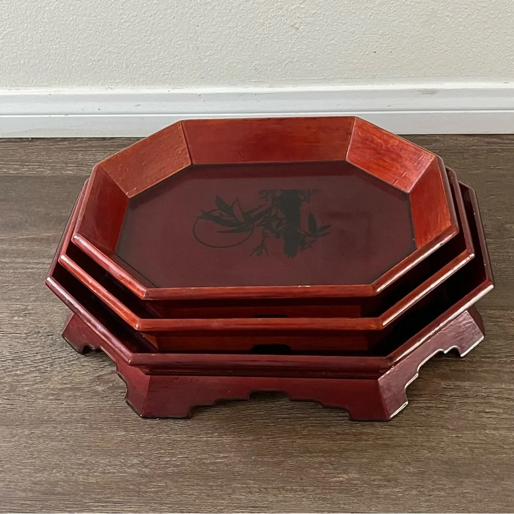 Red Lacquered Octagonal Decorative Tray Set